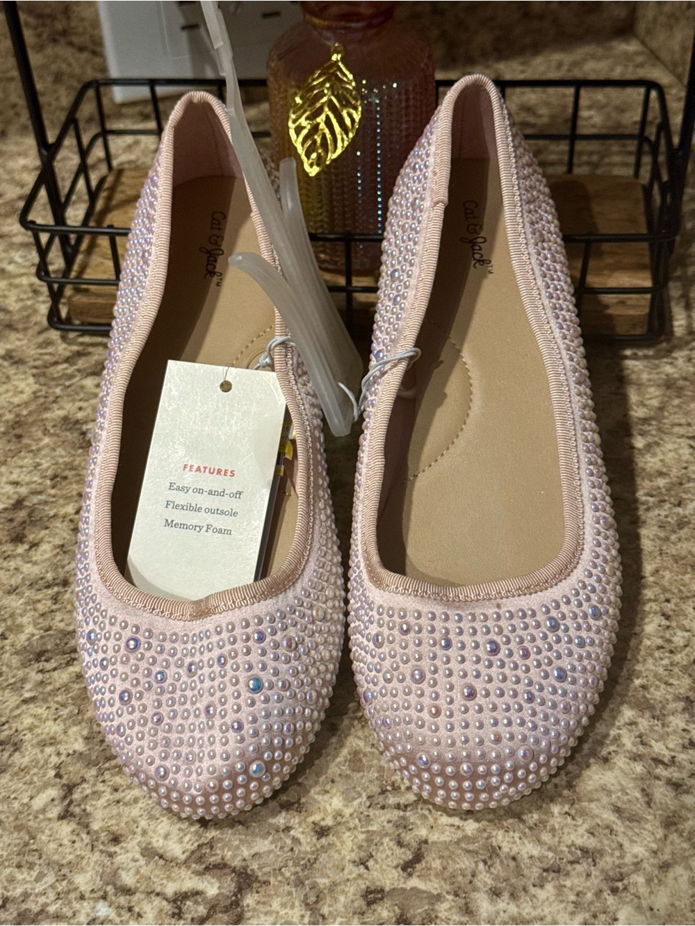 Cat & Jack Kids Blush Pink Silver Studded Ballet Flats Memory Foam Easy On Off
